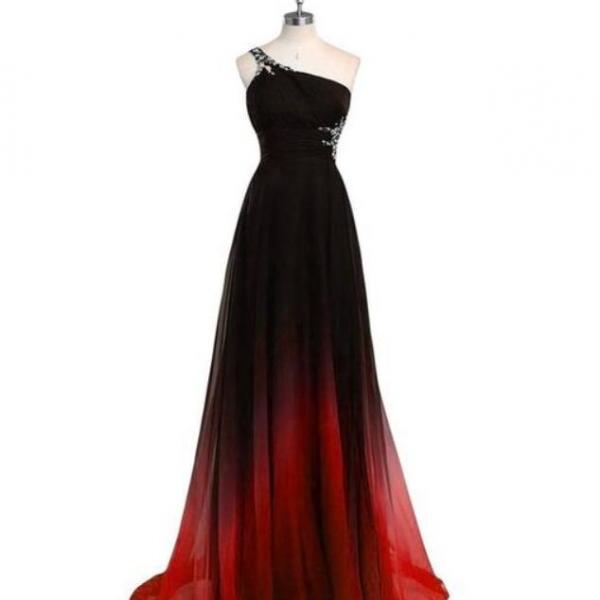 Sexy One Shoulder Long Gradient Prom Dress For Women A Line Black Red ...