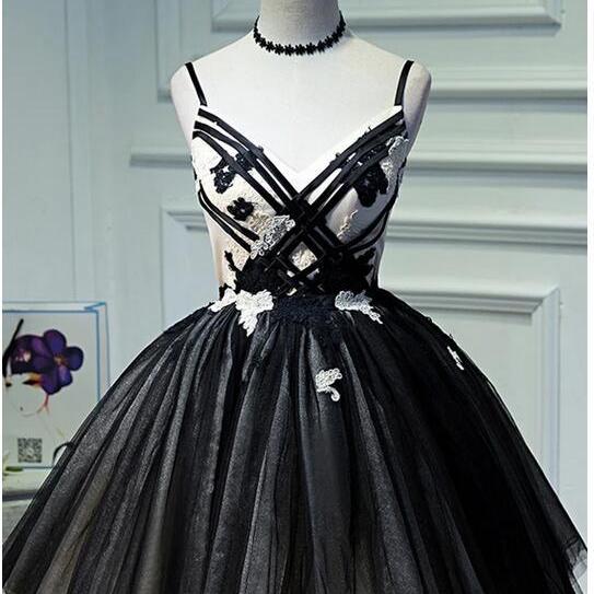Pretty Ball Gown Straps Black Satin Flowers Homecoming Dresses Birthday Outfits With Bow C2236
