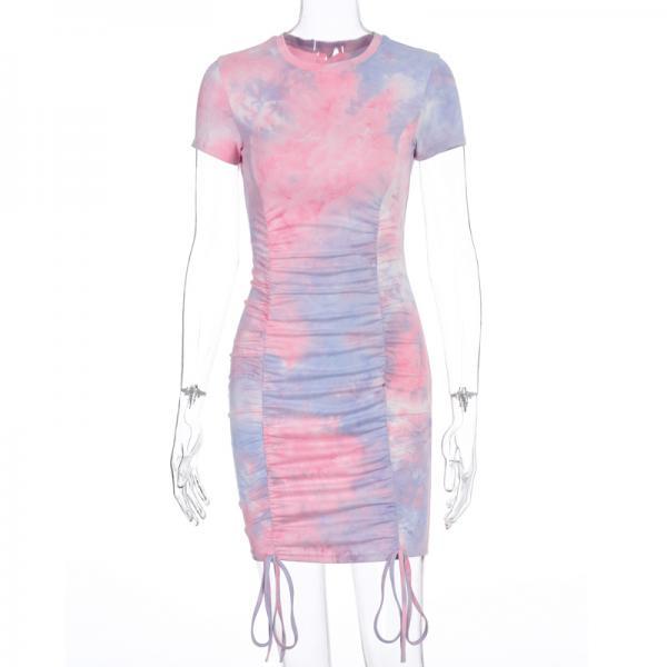 Mini Short Pink Bodycon Dress for Women Short Sleeve Drawstring Sexy Lady Party Club Clothing Outfits