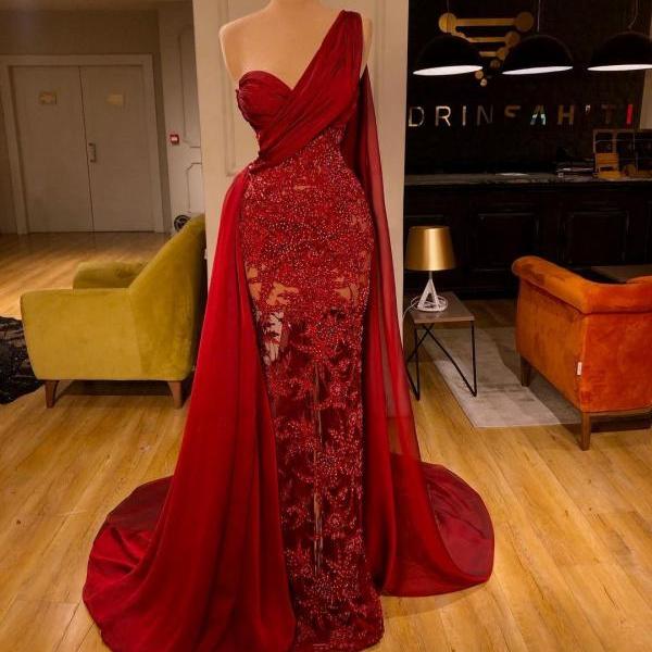 Sexy One Shoulder Long Red Illusion Prom Dress For Women Lace Appliques ...