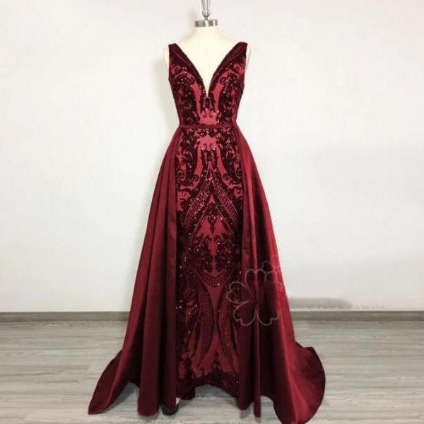 18029 Burgundy Sheer Spanish Sleeve Sequins Lace Dress