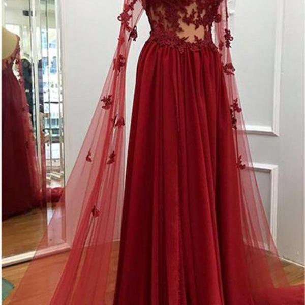See Through Long Red Lace Prom Dress with Full Sleeve Floor Length Chiffon Formal Women Party Gowns for Lady