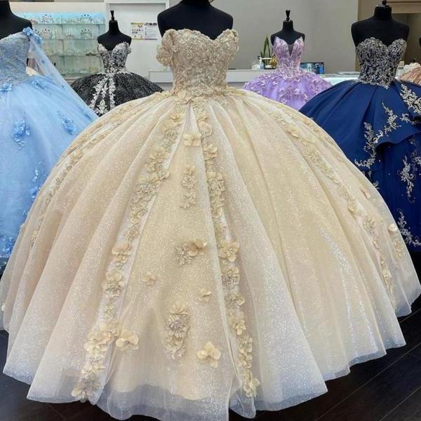 Elegant Champagne Floral Quinceanera Dress for 15 Year Girl Birthday Party Ball Gown Princess Debut Gowns Off the Shoulder