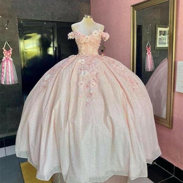 Princess Pink Floral Quinceanera Dress for 15 Year Girl Birthday Party Ball Gown Princess Debut Gowns Off the Shoulder