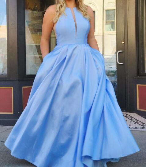 Sexy Blue Long Prom Dresses 2020 A Line Floor Length Satin See Through ...