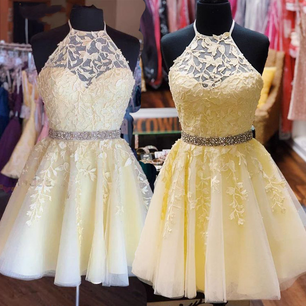 Sexy Halter Backless Short Yellow Lace Homecoming Dress With Beaded ...