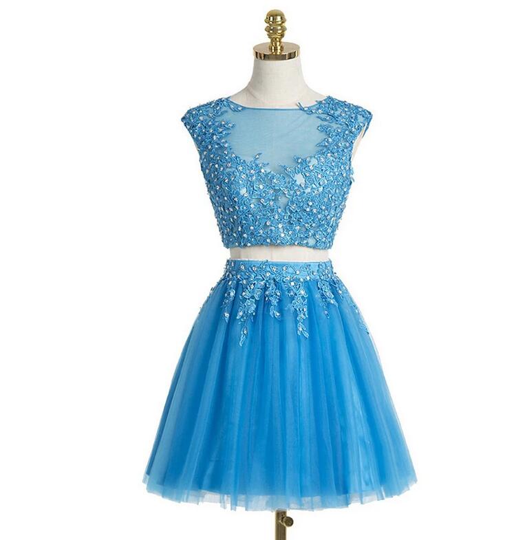 Two Pieces Blue Sheer Homecoming Dress 2020 With Appliques A Line Tulle ...