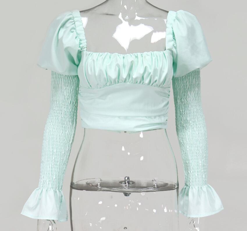 Fall 2020 Mint Green Girl's Crop Tops With Long Sleeve Square Neck