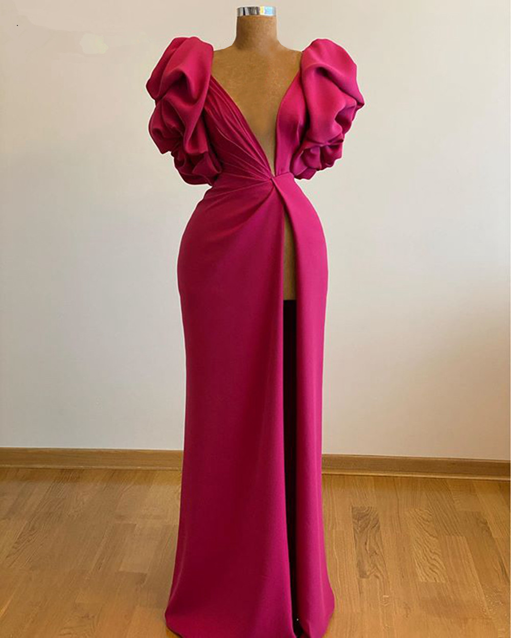 Sexy V Neck Long Fuchsia Prom Dresses With Ruffles Sleeves Split Front