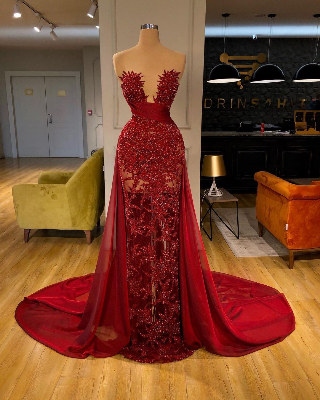 Sexy Illusion Red Lace Long Prom Dresses Chiffon Sweep Train See ...
