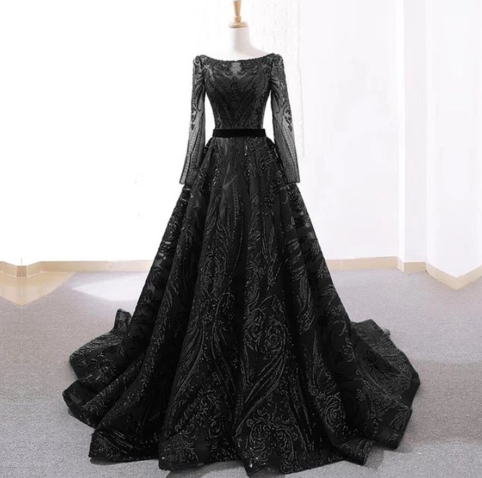 Vintage Black Seuqins Prom Dress Long Sleeve Sweep Train Sexy Sheer ...