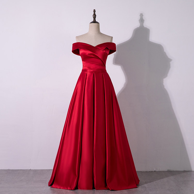 Simple Red Satin Off The Shoulder Long Prom Dresses Elegant Formal ...