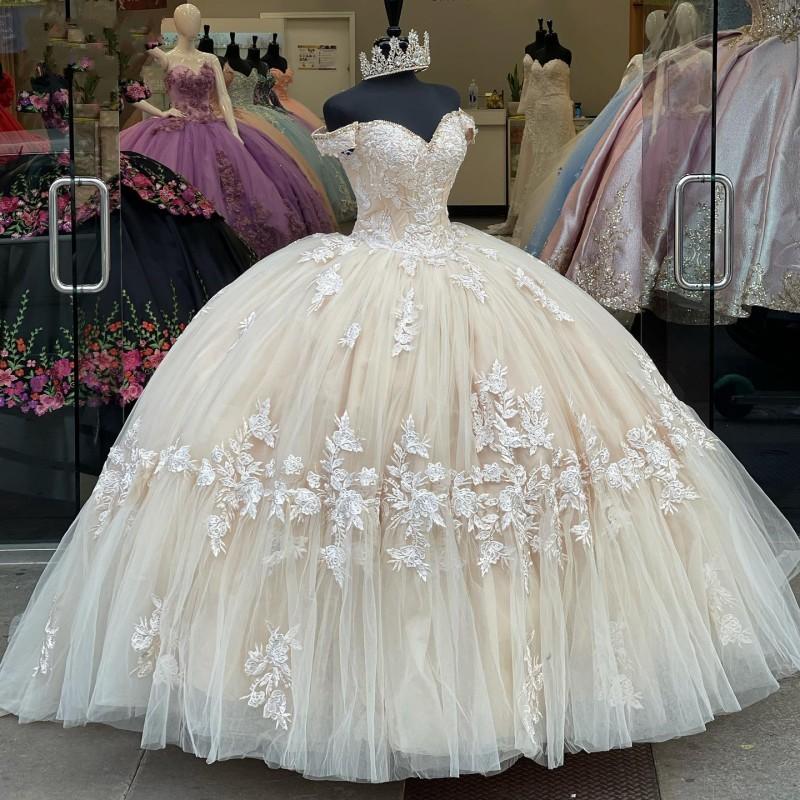 Long Champagne Lace Appliques Quinceanera Dress For 15 Year Ball Gowns ...