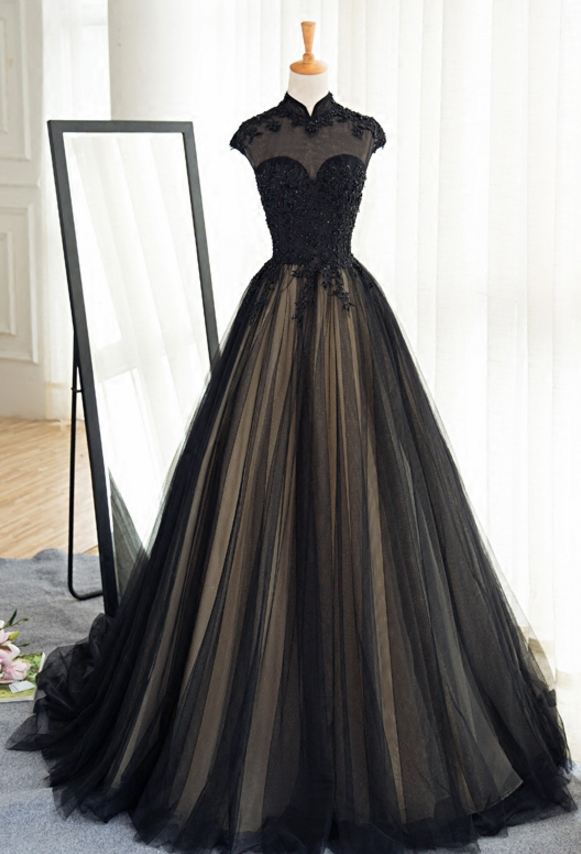 Sexy Sheer Black Long Prom Evening Dresses High Neck Cap Sleeve Lace ...