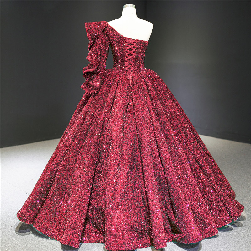 One Shoulder Long Burgundy Sequins Prom Dress For 16 Year Ball Gown