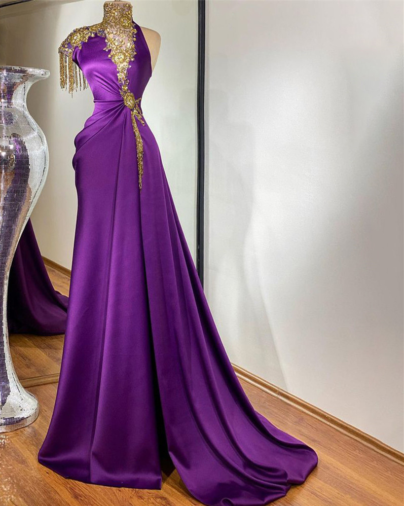 Luxury Golden Crystal Long Purple Prom Dress For Lady Sexy One Shoulder