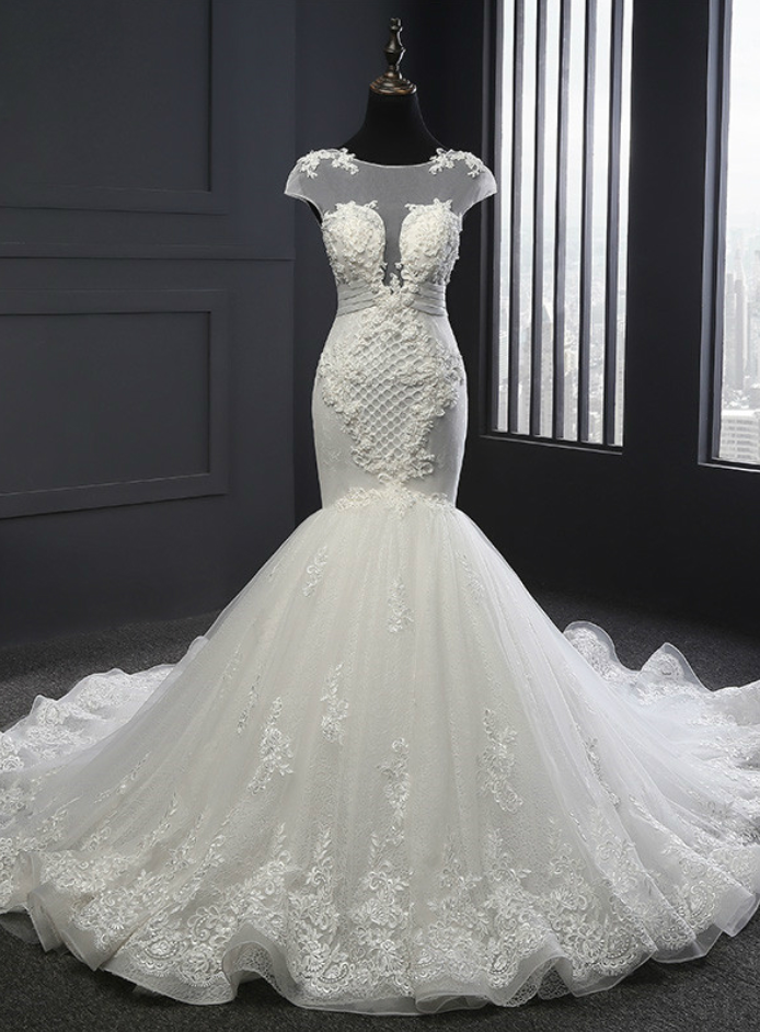 Sheer Lace Mermaid Wedding Bridal Dress For Women Court Train Princess ...