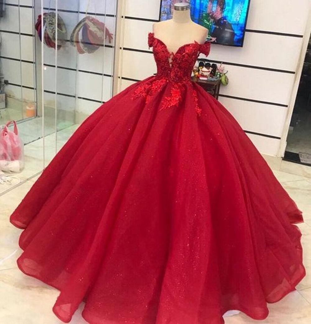 Glitter Sequins Long Red Quinceanera Dresses Ball Gown Princess Debut ...