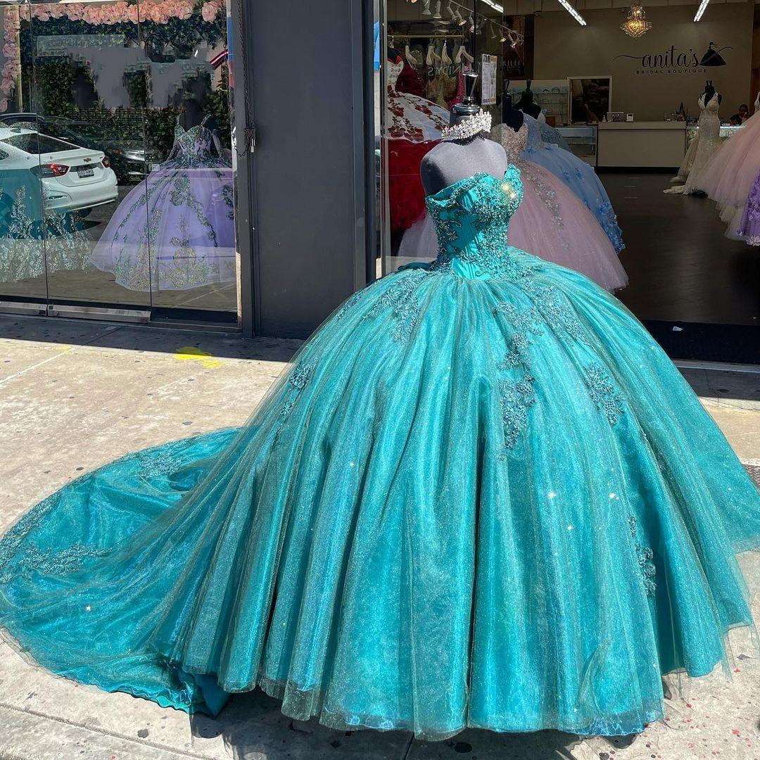 Princess Aqua Beaded Quinceanera Dresses Ball Gown Puffy Lady Prom ...