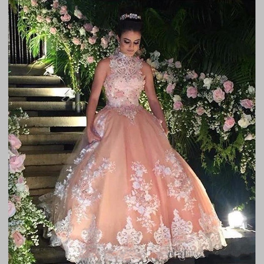 2017 Vintage Champagne Quinceanera Dress For 15 Year Girls, High Neck